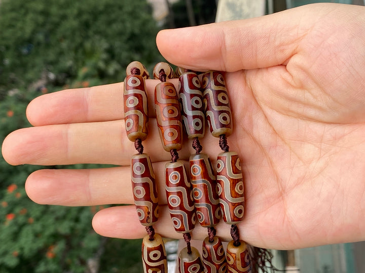 14" 10x30mm Antique brown Tibetan DZI agate barrel/rice beads 9 eye