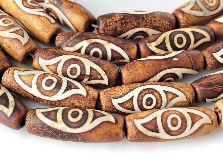 10PCS 10x28mm Antique brown Tibetan DZI agate barrel/rice beads 2 eyes