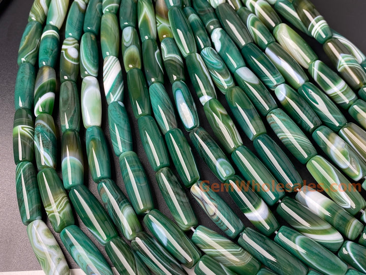 15" 10x30mm Green white stripe agate rice/barrel beads