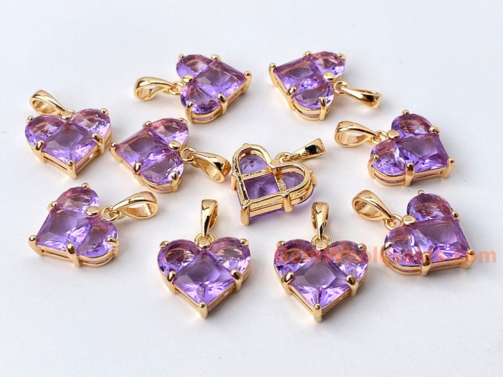 2PCS 14mm purple CZ heart, Gold Plated brass heart charms pendant