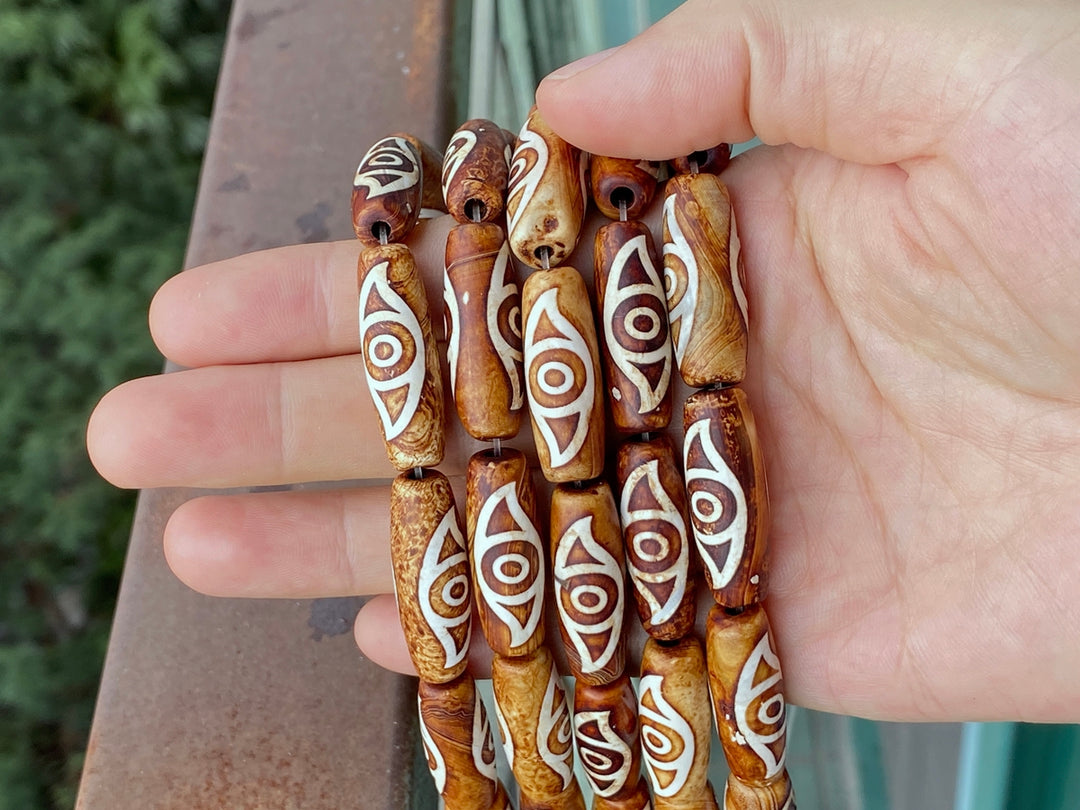 10PCS 10x28mm Antique brown Tibetan DZI agate barrel/rice beads 2 eyes