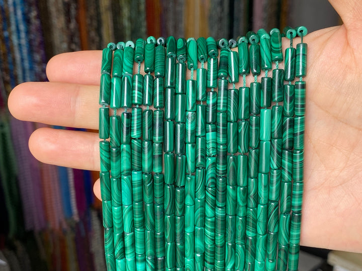10PCS 4x13mm Genuine natural malachite stone round tube beads AA