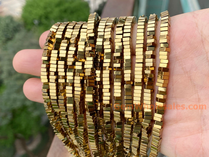 15.5" 4mm gold Hematite stone square beads 2mm thickness