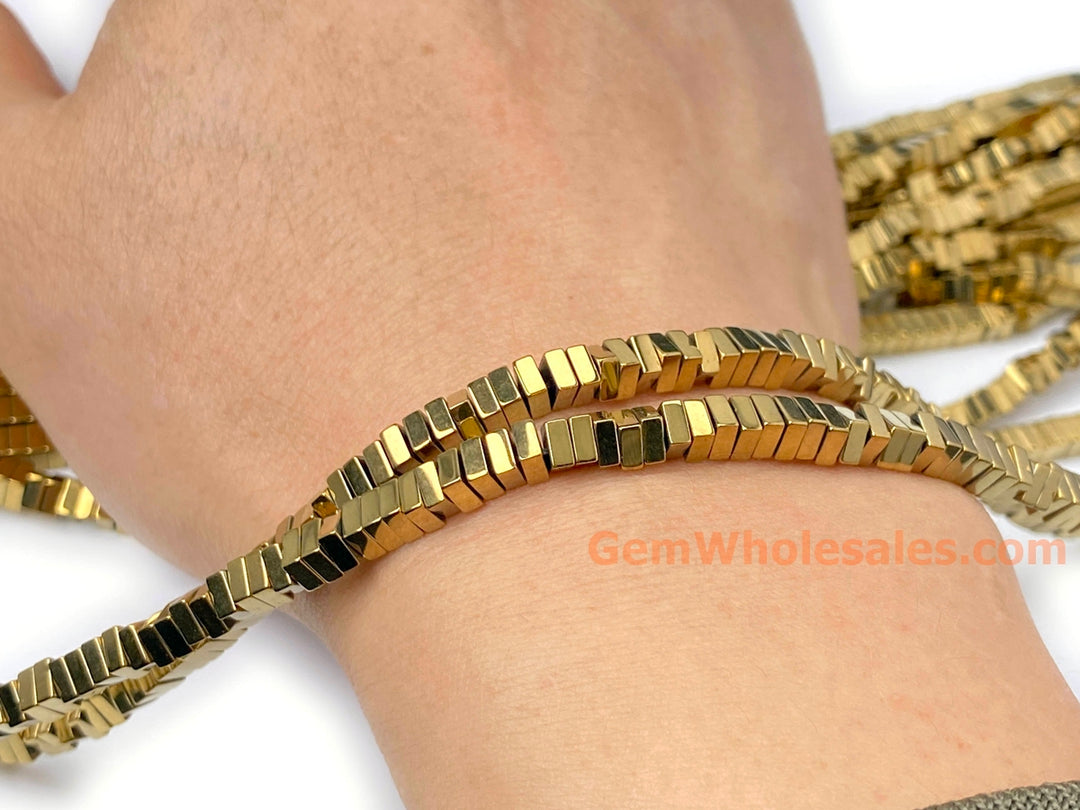15.5" 4mm gold Hematite stone square beads 2mm thickness