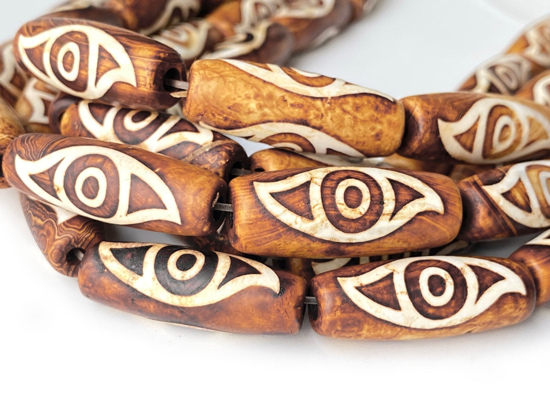 10PCS 10x28mm Antique brown Tibetan DZI agate barrel/rice beads 2 eyes