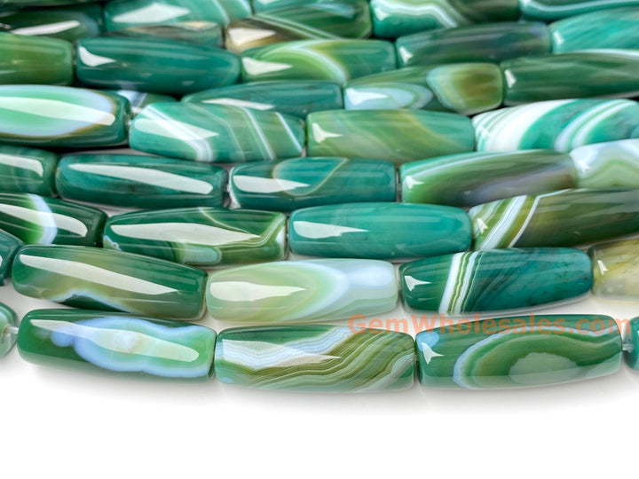 15" 10x30mm Green white stripe agate rice/barrel beads