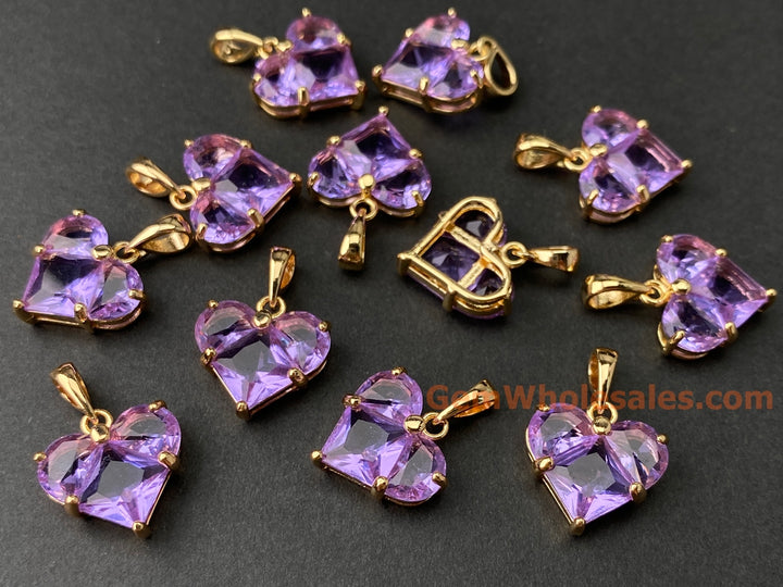 2PCS 14mm purple CZ heart, Gold Plated brass heart charms pendant