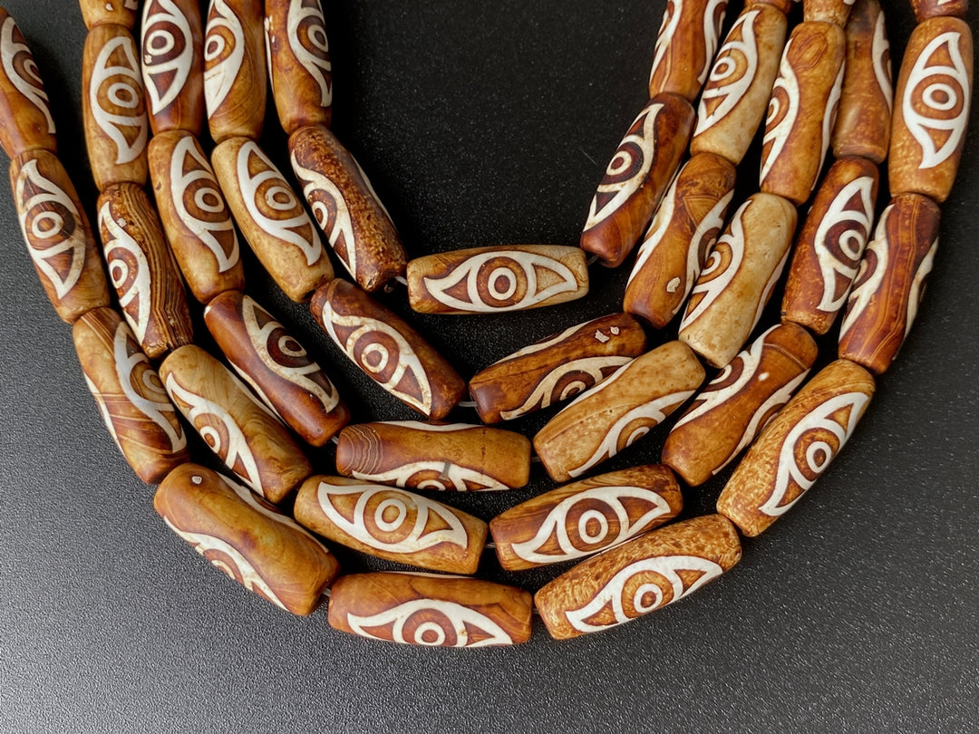 10PCS 10x28mm Antique brown Tibetan DZI agate barrel/rice beads 2 eyes