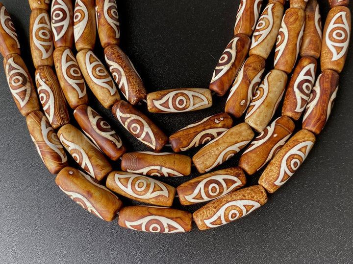 10PCS 10x28mm Antique brown Tibetan DZI agate barrel/rice beads 2 eyes