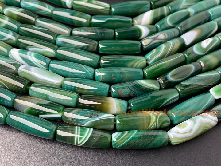 15" 10x30mm Green white stripe agate rice/barrel beads