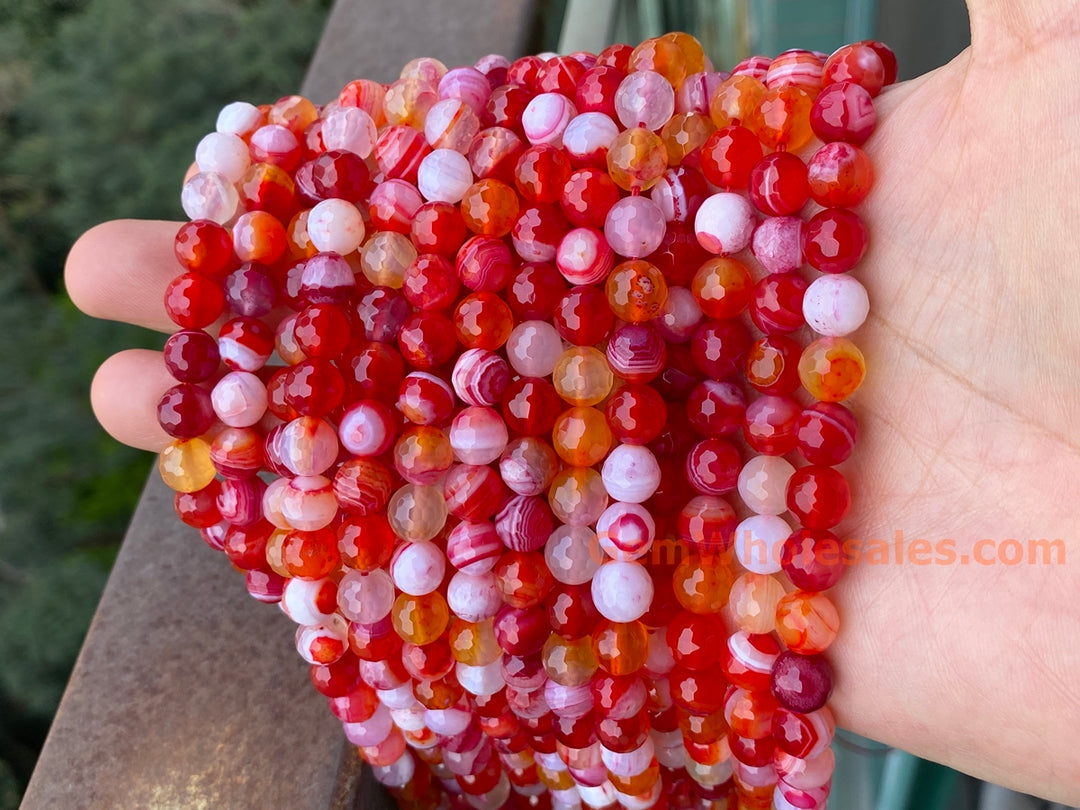 15" 6mm/8mm/10mm orange red stripe Agate Round faceted beads