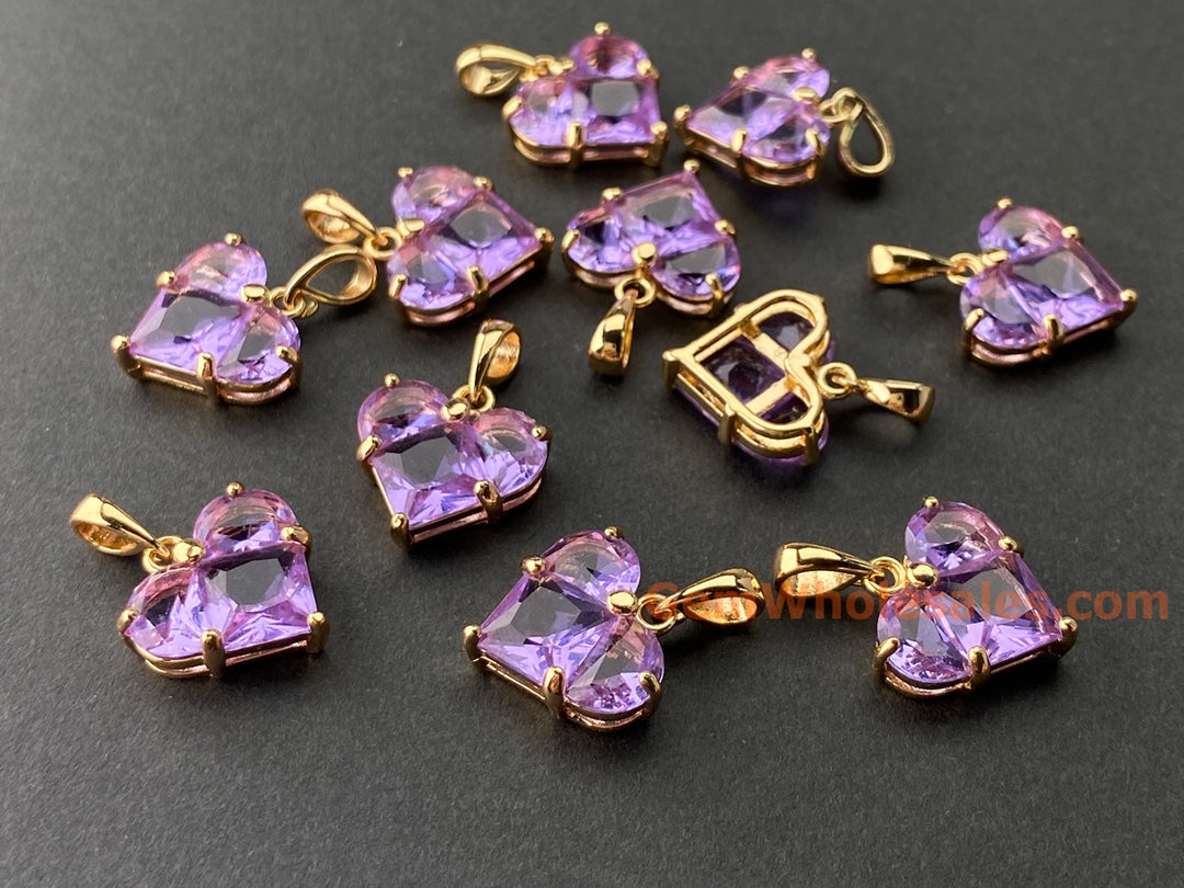 2PCS 14mm purple CZ heart, Gold Plated brass heart charms pendant