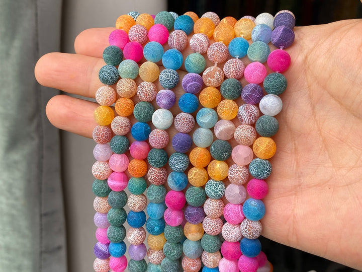 15" 8mm/10mm/12mm frosted multi color dream fire dragon veins Agate Round beads