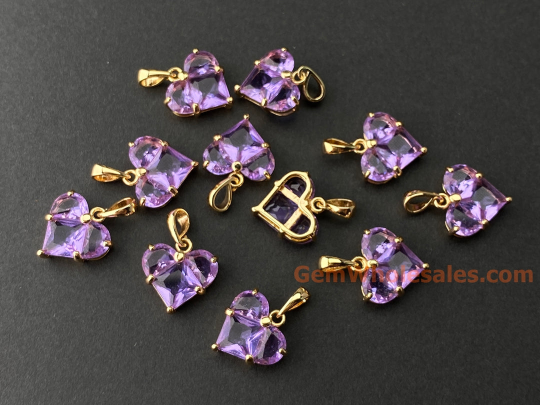 2PCS 14mm purple CZ heart, Gold Plated brass heart charms pendant