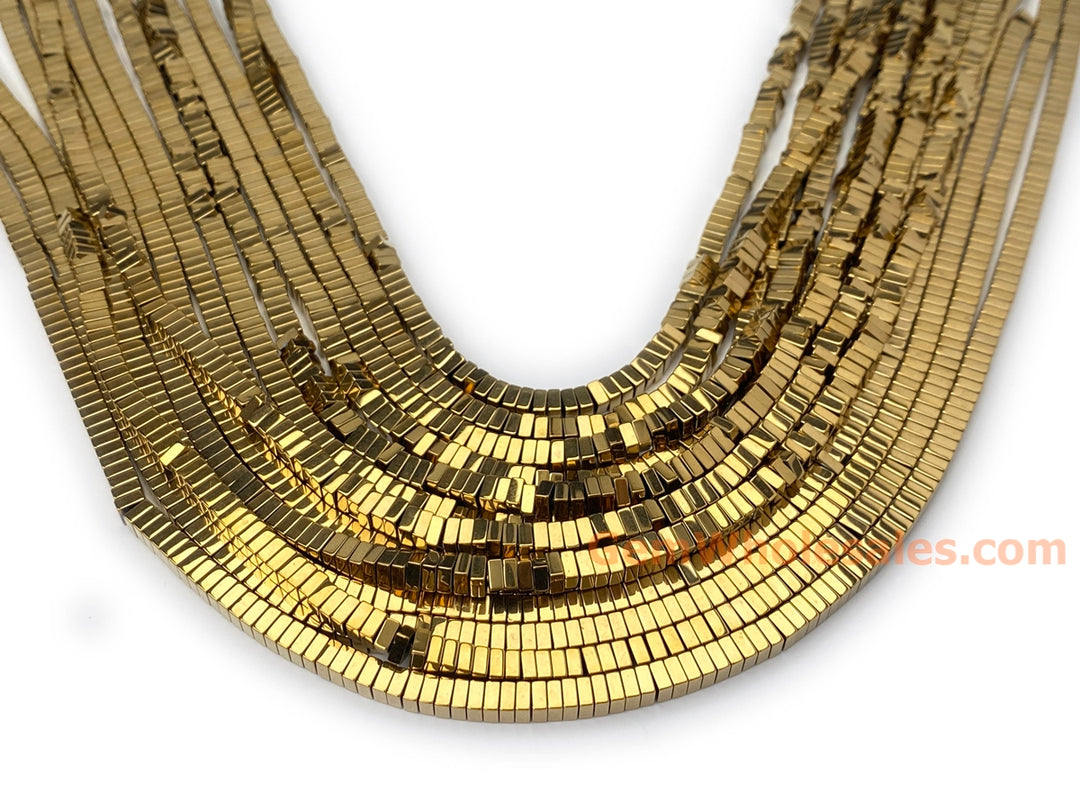 15.5" 4mm gold Hematite stone square beads 2mm thickness