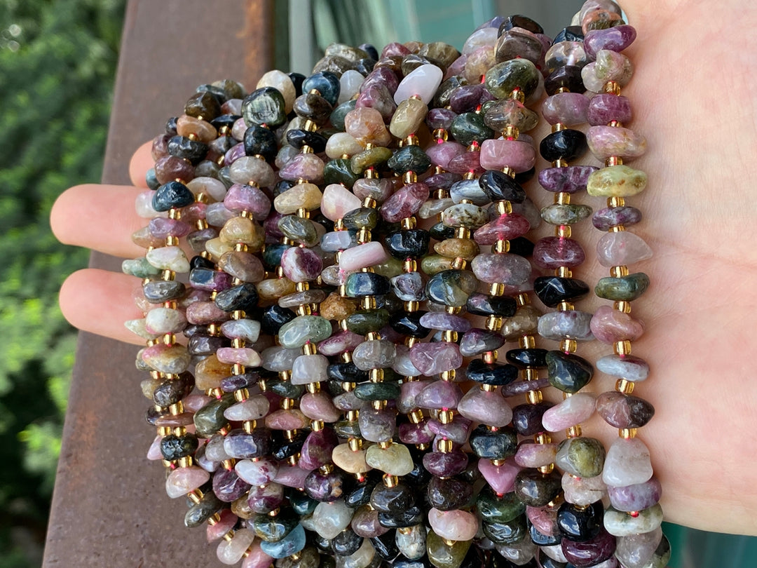 15.5" 8x10mm Natural multi color tourmaline nuggets chips beads