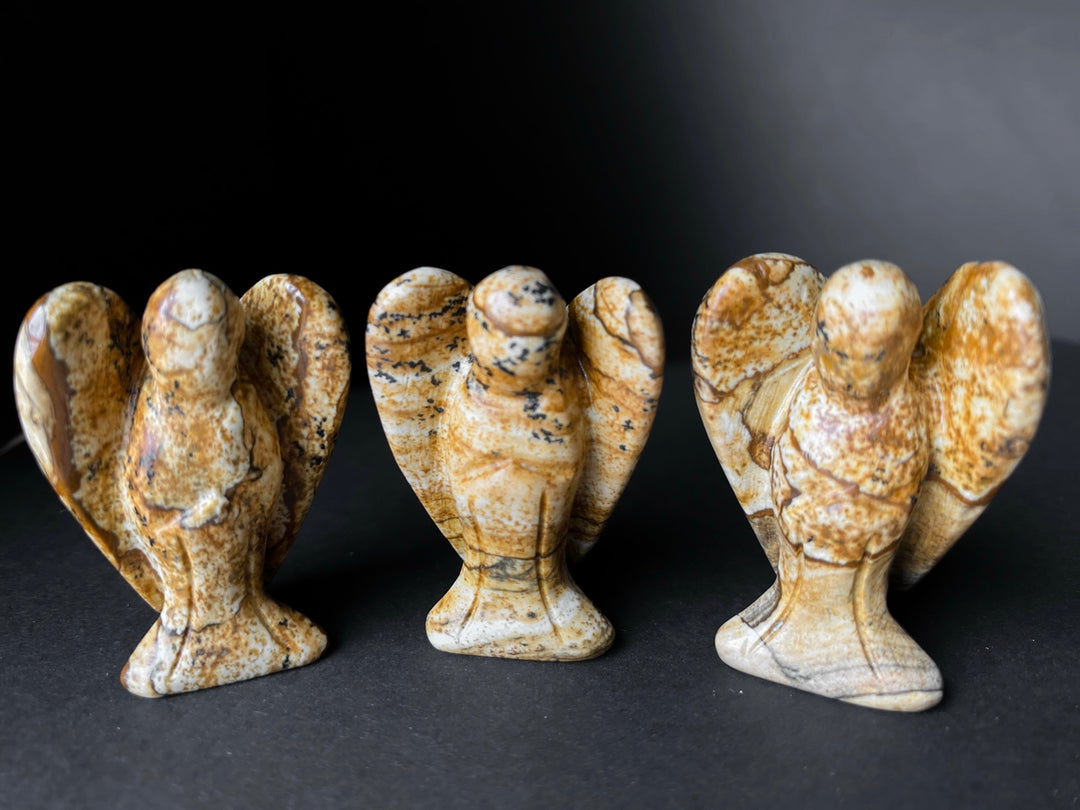 36x28mm Picture jasper Angel, Carved stone pocket Guardian Angel 1.5"