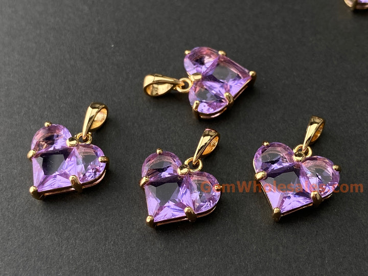 2PCS 14mm purple CZ heart, Gold Plated brass heart charms pendant
