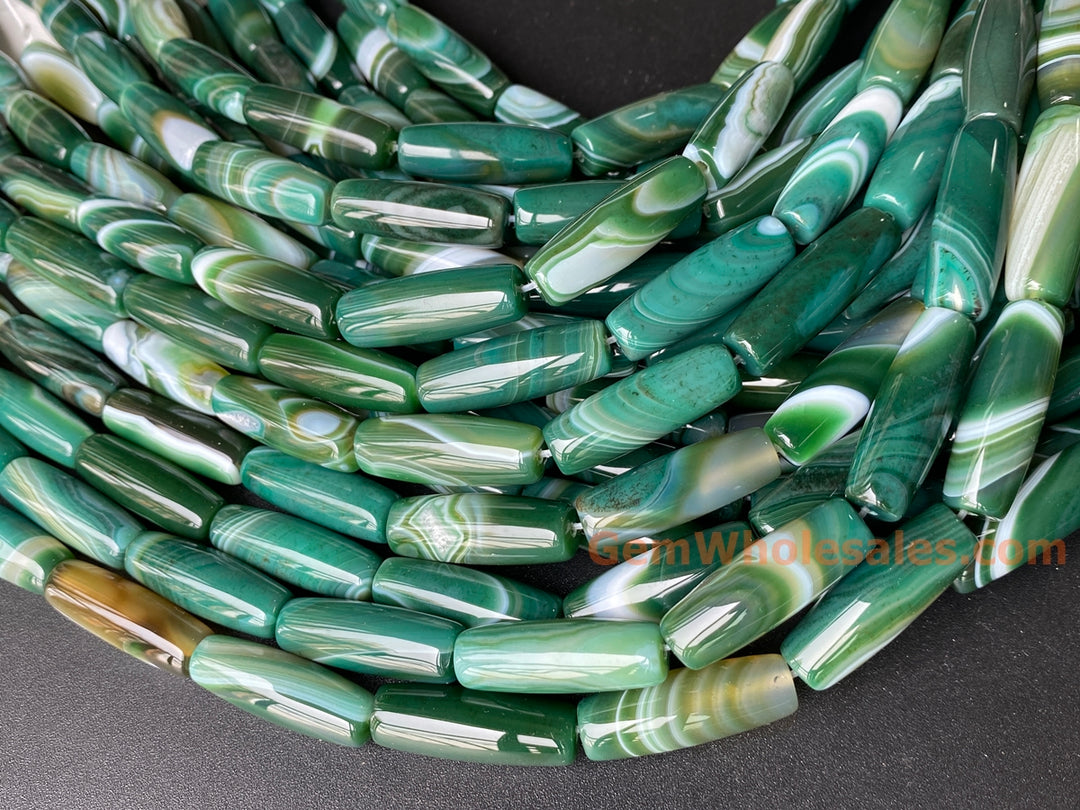 15" 10x30mm Green white stripe agate rice/barrel beads