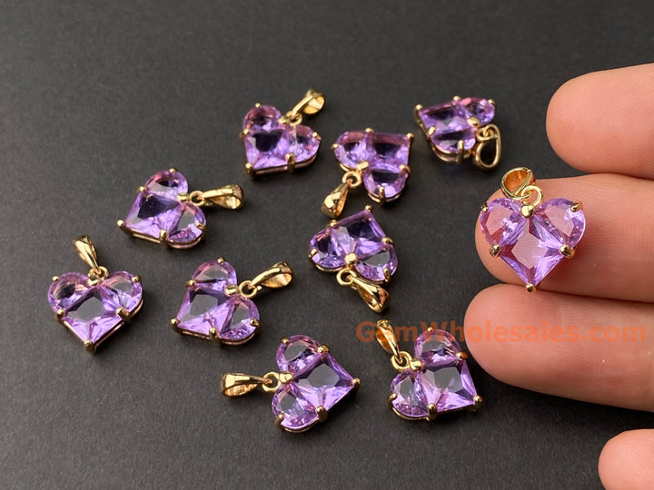 2PCS 14mm purple CZ heart, Gold Plated brass heart charms pendant