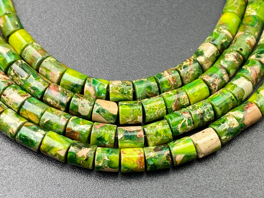 15.5" 4x4mm yellow green Sea Sediment, Impression Jasper tube Heishi beads
