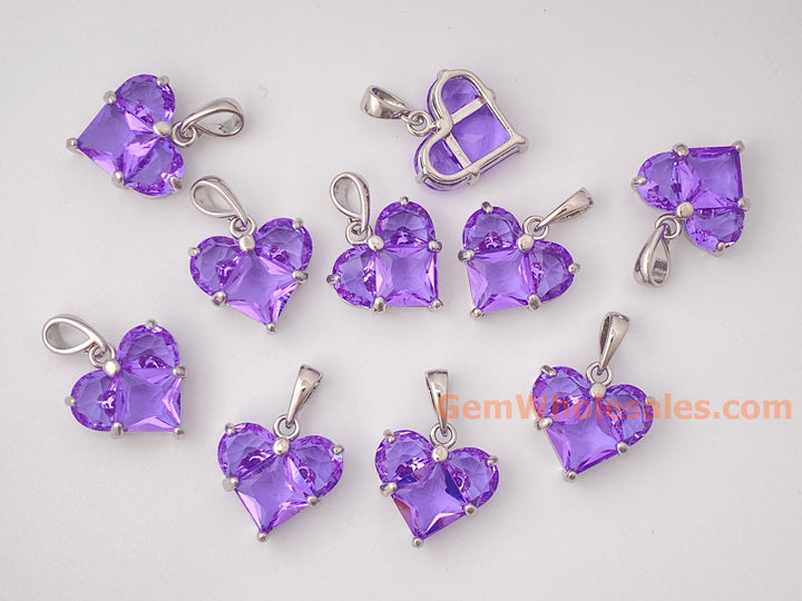 2PCS 14mm purple CZ heart, silver Plated brass heart charms pendant