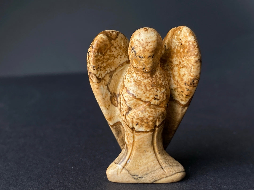 36x28mm Picture jasper Angel, Carved stone pocket Guardian Angel 1.5"