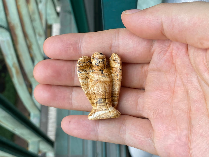 36x28mm Picture jasper Angel, Carved stone pocket Guardian Angel 1.5"