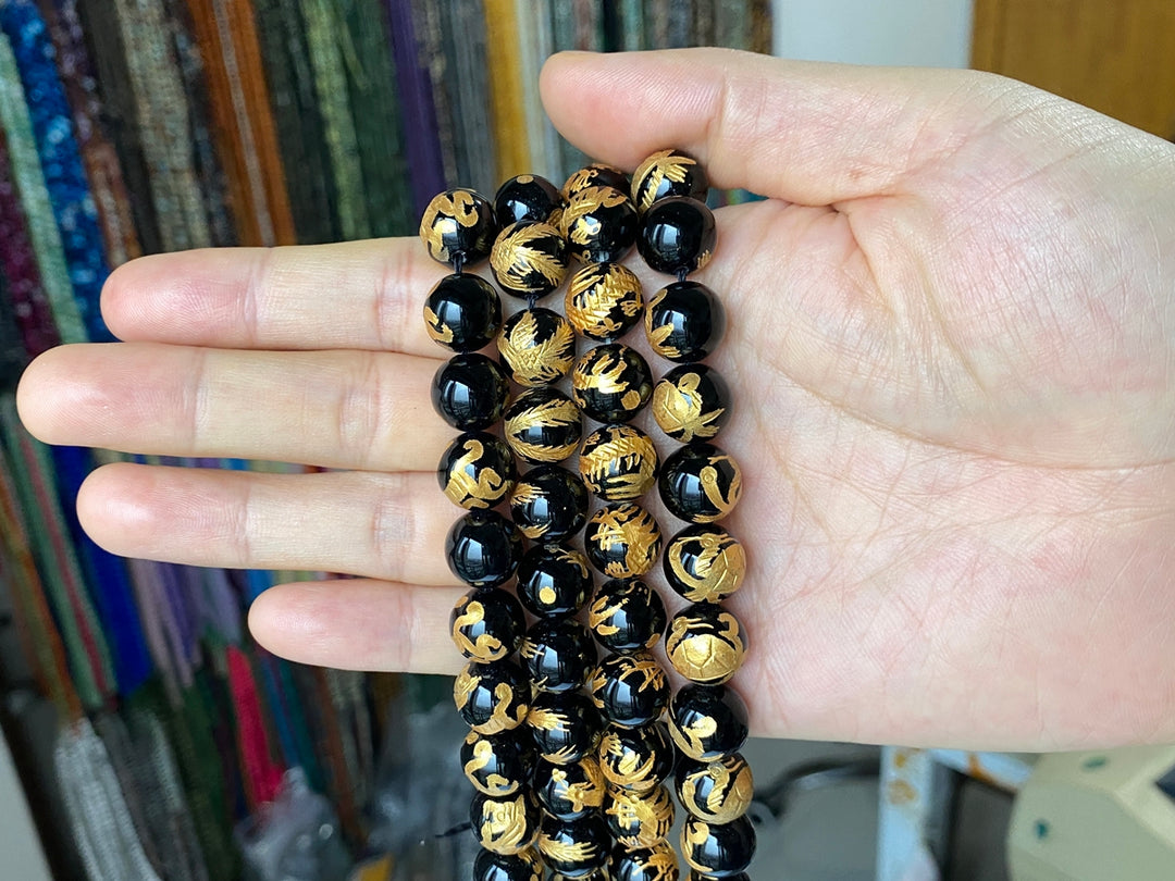 15.5" 10mm/12mm black Agate/onyx carving 4 god Round beads gold