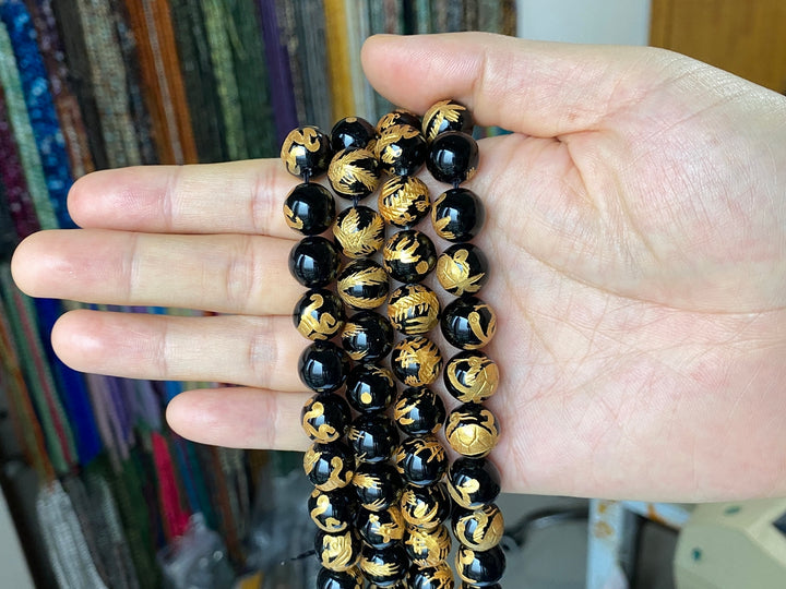 15.5" 10mm/12mm black Agate/onyx carving 4 god Round beads gold