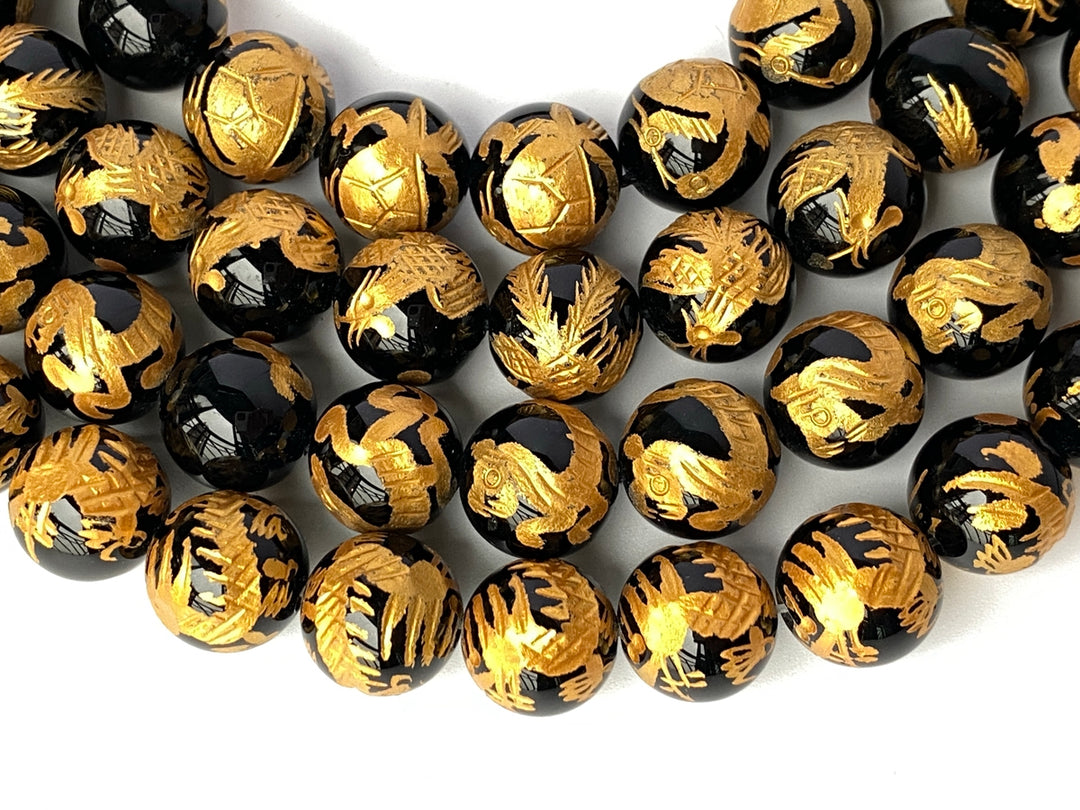 15.5" 10mm/12mm black Agate/onyx carving 4 god Round beads gold