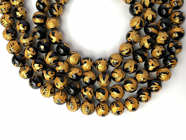 15.5" 10mm/12mm black Agate/onyx carving 4 god Round beads gold