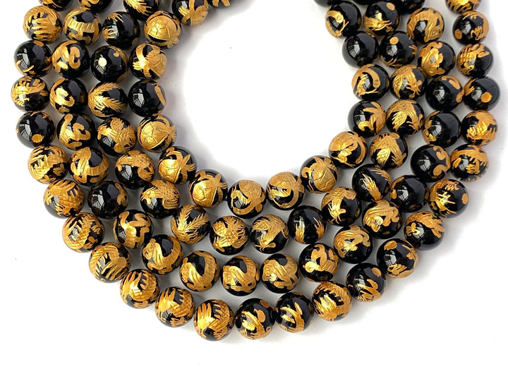 15.5" 10mm/12mm black Agate/onyx carving 4 god Round beads gold