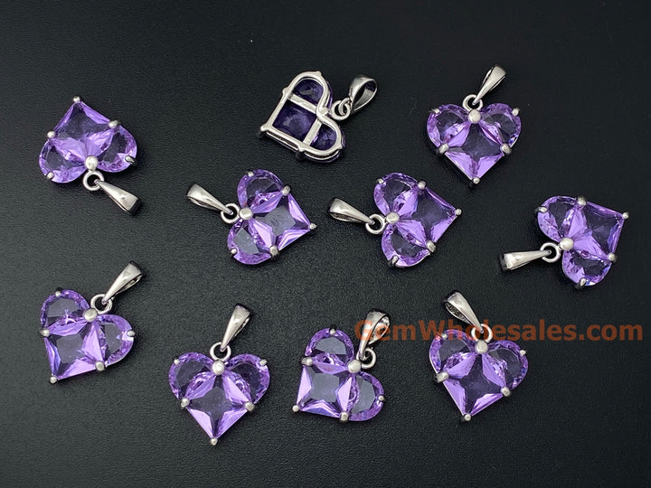 2PCS 14mm purple CZ heart, silver Plated brass heart charms pendant