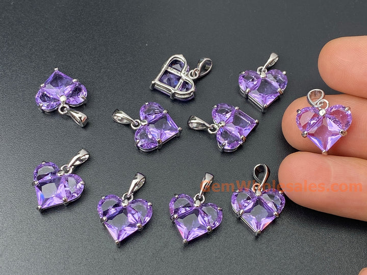 2PCS 14mm purple CZ heart, silver Plated brass heart charms pendant