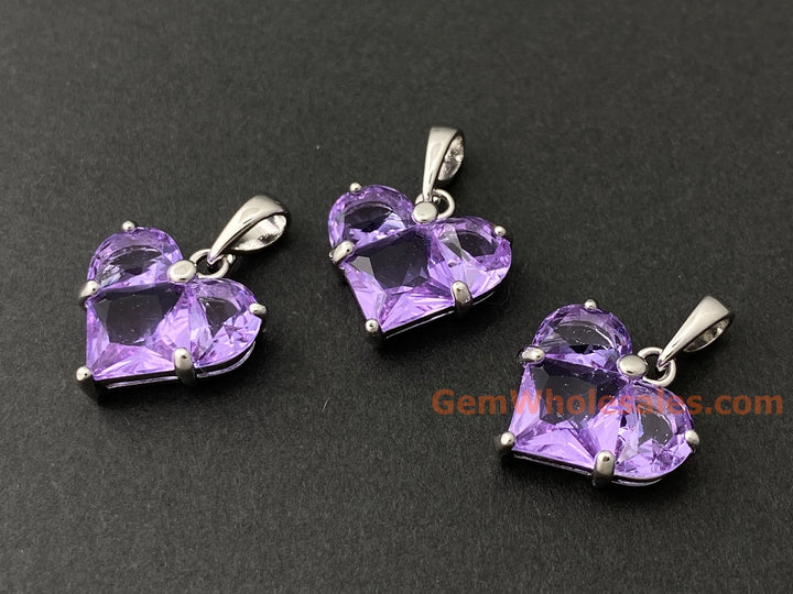2PCS 14mm purple CZ heart, silver Plated brass heart charms pendant