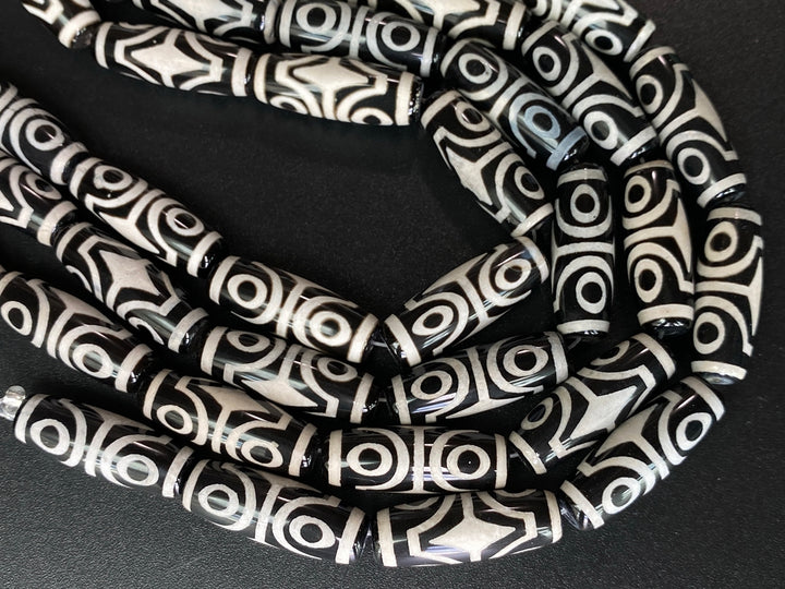 14" 10x30mm Black grey Bulk Tibetan Dzi agate barrel beads 4 eye