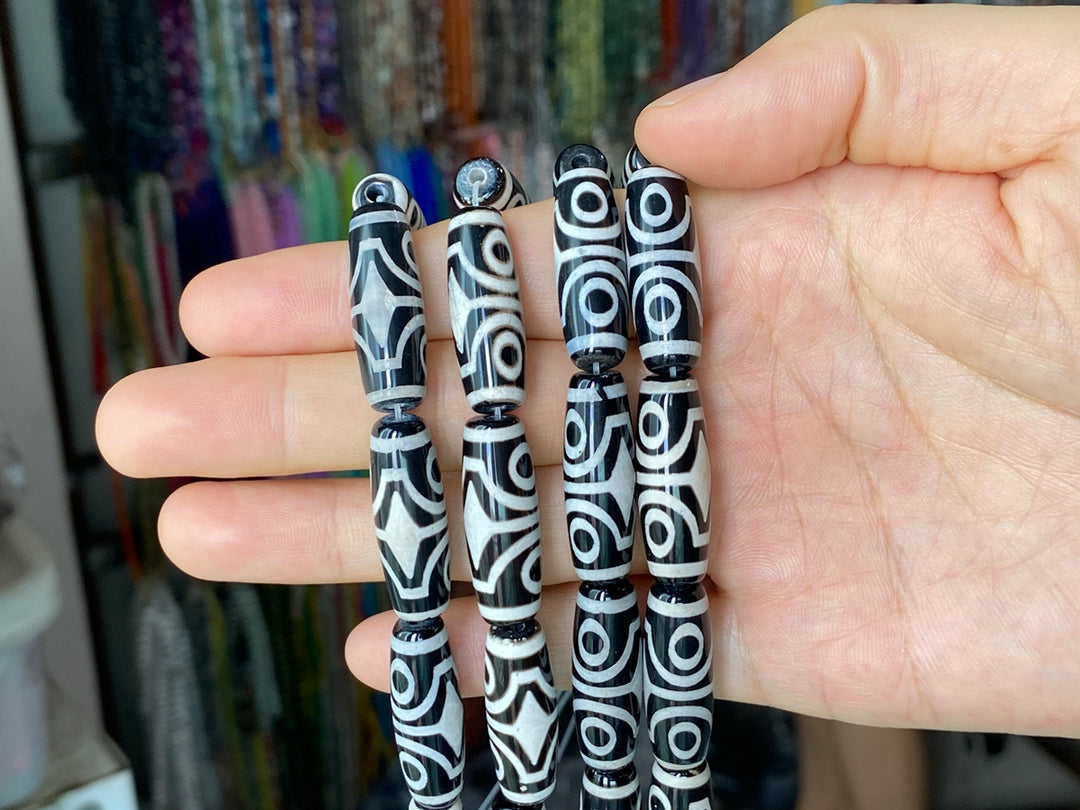 14" 10x30mm Black grey Bulk Tibetan Dzi agate barrel beads 4 eye