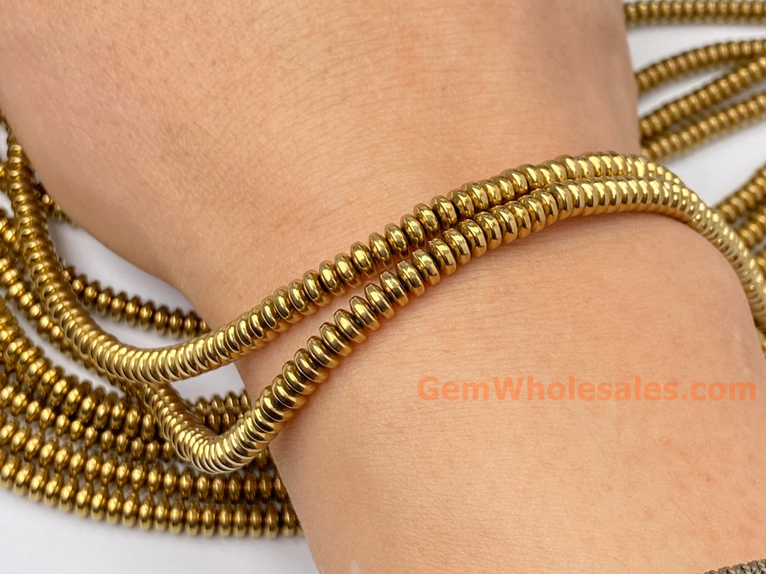 15.5" Hematite stone 2x4mm roundel beads, gold color disc beads