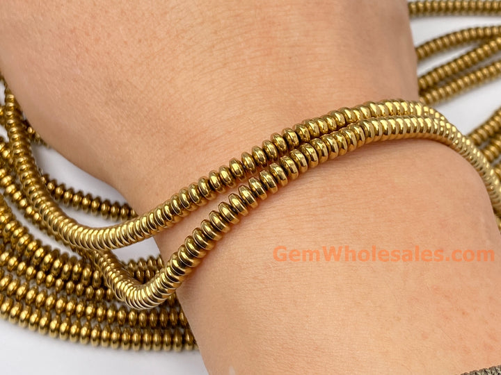 15.5" Hematite stone 2x4mm roundel beads, gold color disc beads