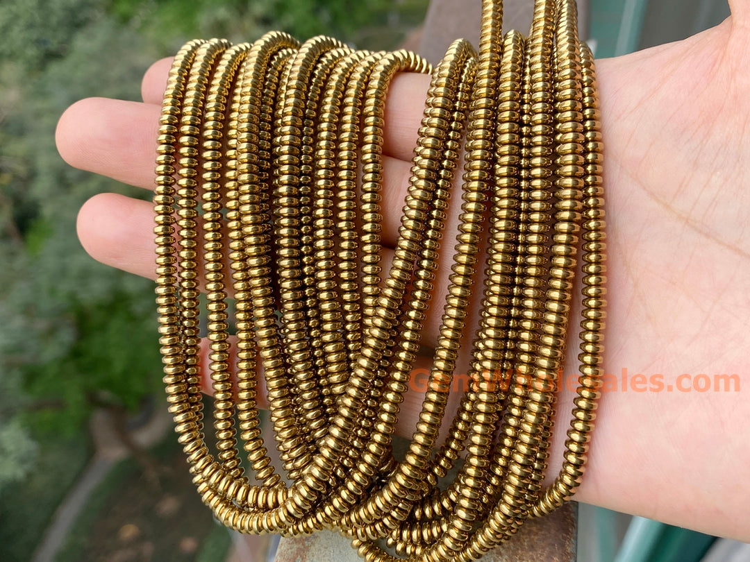15.5" Hematite stone 2x4mm roundel beads, gold color disc beads