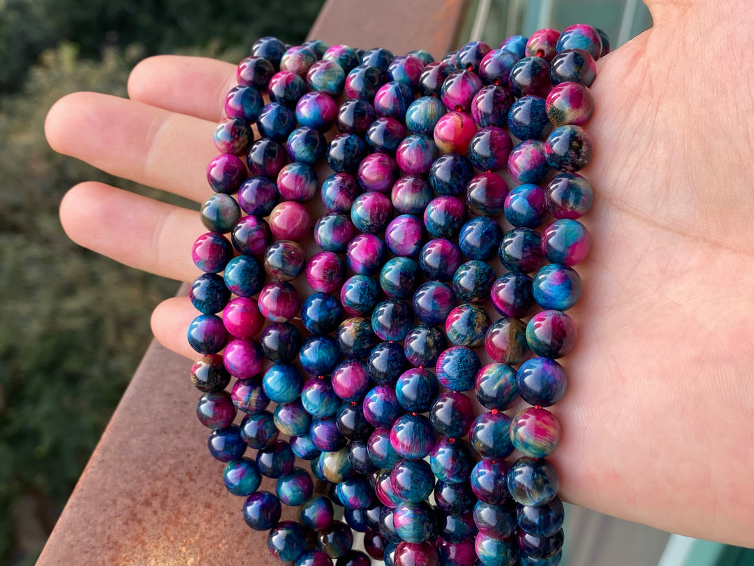 15" 8mm/10mm Dyed rose red Teal tiger eye stone round beads