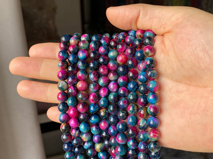 15" 8mm/10mm Dyed rose red Teal tiger eye stone round beads