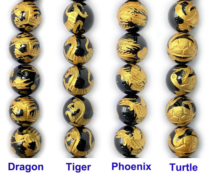 15.5" 10mm/12mm black Agate/onyx carving 4 god Round beads gold