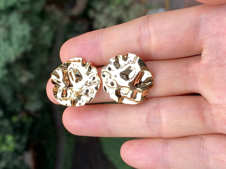 2PCS 23mm Gold plated brass Hammered Earring Studs/Post with Loop