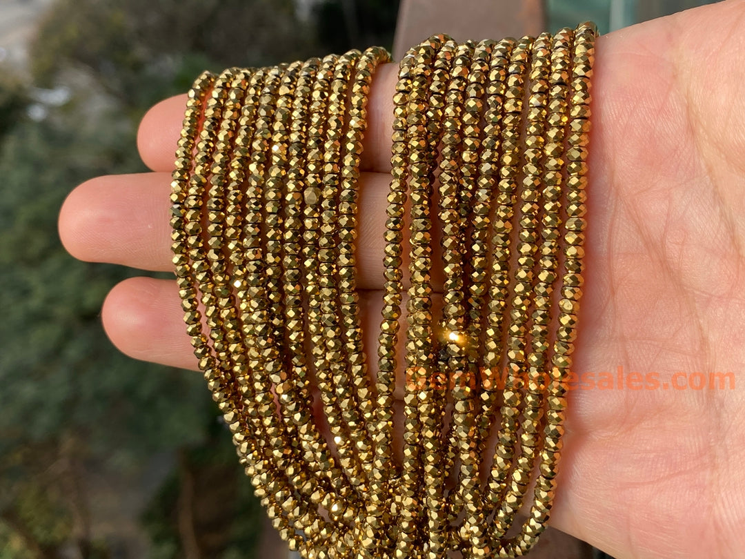 15.5" 2x3mm gold Hematite stone rondelle/roundel faceted beads