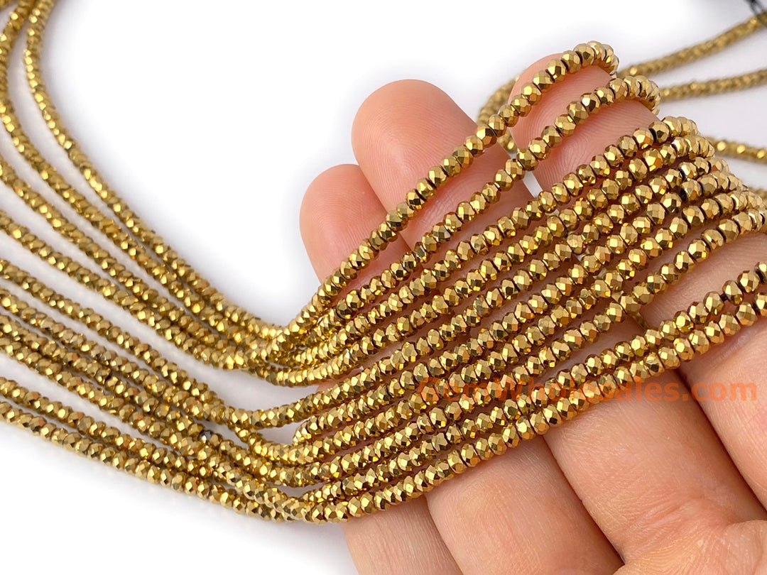 15.5" 2x3mm gold Hematite stone rondelle/roundel faceted beads