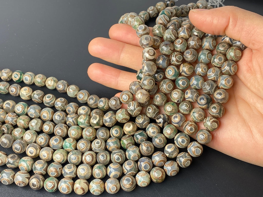 14" 8/10/12mm Antique Green Bulk tibetan Dzi agate round beads Eye