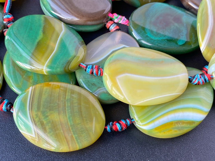 14" 30x40mm yellow green stripe Agate flat oval Gemstone beads
