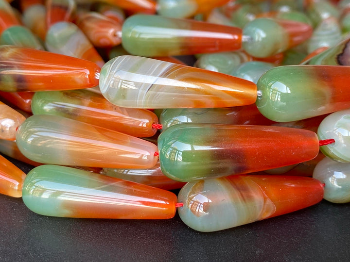 15.5" 10x30mm Green red stripe agate teardrop beads